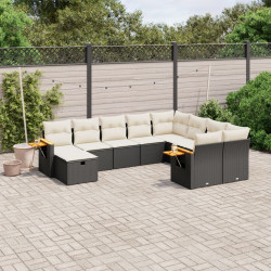 10 Pcs conjunto sofás de jardim c/ almofadões vime PE preto