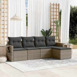 5 Pcs conjunto sofás de jardim c/ almofadões vime PE cinzento