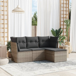 4 Pcs conjunto sofás de jardim c/ almofadões vime PE cinzento