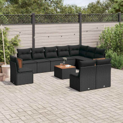 11 Pcs conjunto sofás de jardim c/ almofadões vime PE preto