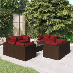 9 Pcs conjunto lounge de jardim c/ almofadões vime PE castanho