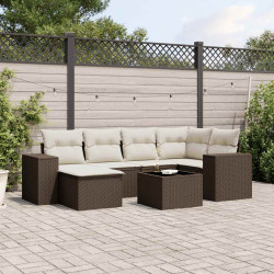 7 Pcs conjunto de sofás jardim c/ almofadões vime PE castanho