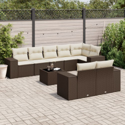 9 Pcs conjunto sofás p/ jardim c/ almofadões vime PE castanho