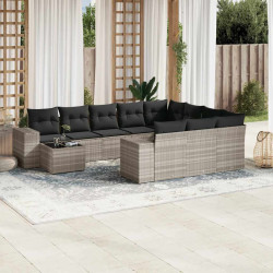 11 Pcs conjunto sofás de jardim c/ almofadões vime PE cinzento