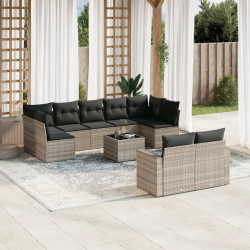 10 Pcs conj. sofás jardim com almofadões vime PE cinzento-claro