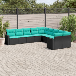 10 Pcs conjunto de sofás p/ jardim c/ almofadões vime PE preto