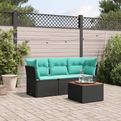 4 Pcs conjunto de sofás p/ jardim c/ almofadões vime PE preto