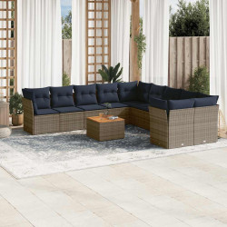 11 Pcs conjunto sofás de jardim c/ almofadões vime PE cinzento