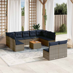 12 Pcs conjunto sofás p/ jardim c/ almofadões vime PE cinzento