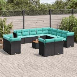 14 Pcs conjunto de sofás p/ jardim c/ almofadões vime PE preto