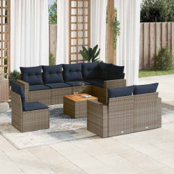 9 Pcs conjunto sofás p/ jardim c/ almofadões vime PE cinzento