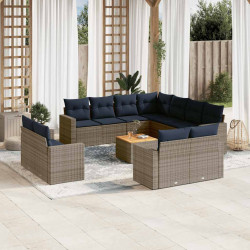 12 Pcs conjunto sofás p/ jardim c/ almofadões vime PE cinzento