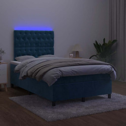 Cama box spring colchão LED 120x190cm couro artif. azul-escuro