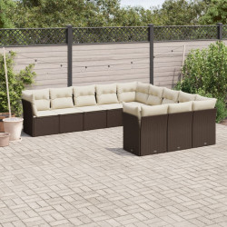 11 Pcs conjunto sofás de jardim c/ almofadões vime PE castanho