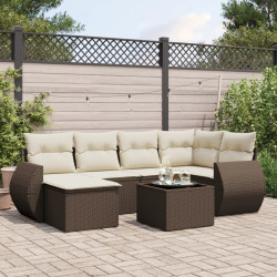 7 Pcs conjunto de sofás jardim c/ almofadões vime PE castanho