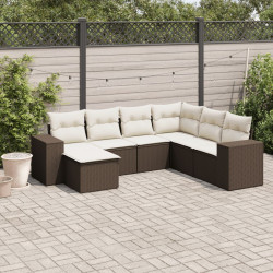 7 Pcs conjunto de sofás jardim c/ almofadões vime PE castanho