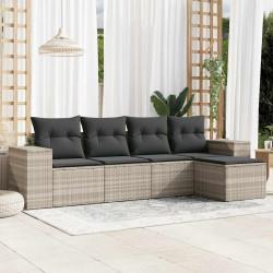 5 Pcs conj. sofás jardim c/ almofadões vime PE cinzento-claro