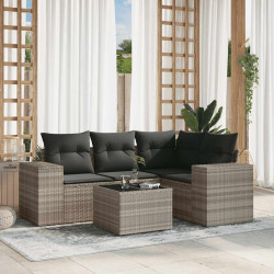 5 Pcs conj. sofás jardim c/ almofadões vime PE cinzento-claro