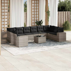 11 Pcs conjunto sofás de jardim c/ almofadões vime PE cinzento