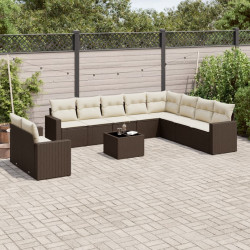11 Pcs conjunto sofás de jardim c/ almofadões vime PE castanho
