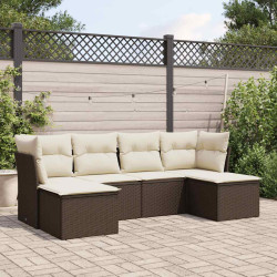 6 Pcs conjunto de sofás jardim c/ almofadões vime PE castanho