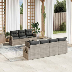 8 Pcs conj. sofás jardim c/ almofadões vime PE cinzento-claro
