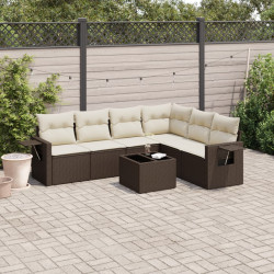 7 Pcs conjunto de sofás jardim c/ almofadões vime PE castanho