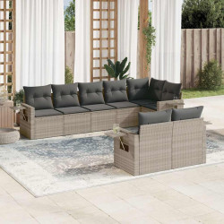 8 Pcs conj. sofás jardim c/ almofadões vime PE cinzento-claro