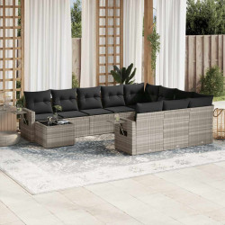 11 Pcs conjunto sofás de jardim c/ almofadões vime PE cinzento