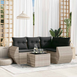 5 Pcs conj. sofás jardim c/ almofadões vime PE cinzento-claro