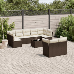 10 Pcs conj. sofás jardim com almofadões vime PE castanho