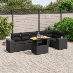 7 Pcs conjunto de sofás p/ jardim c/ almofadões vime PE preto