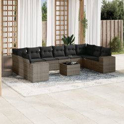11 Pcs conjunto sofás de jardim c/ almofadões vime PE cinzento