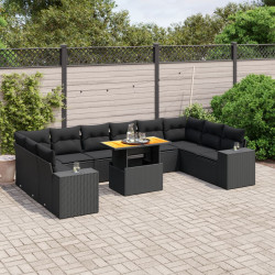 11 Pcs conjunto sofás de jardim c/ almofadões vime PE preto