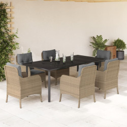 7 Pcs conjunto de jantar p/ jardim com almofadões vime PE bege