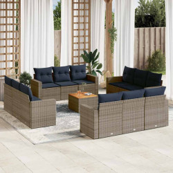 13 Pcs conjunto sofás p/ jardim c/ almofadões vime PE cinzento