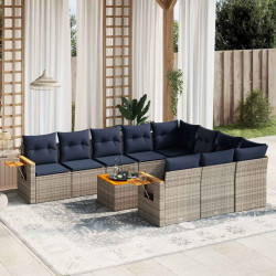 11 Pcs conjunto sofás de jardim c/ almofadões vime PE cinzento