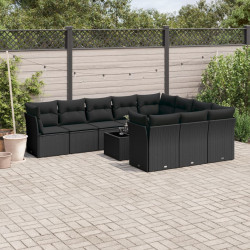 11 Pcs conjunto sofás de jardim c/ almofadões vime PE preto