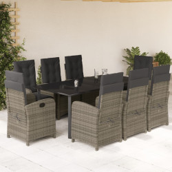 9 Pcs conjunto de jantar p/ jardim c/ almofadões vime PE cinza