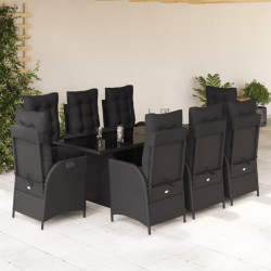 9 Pcs conjunto de jantar p/ jardim c/ almofadões vime PE preto
