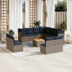 12 Pcs conjunto sofás p/ jardim c/ almofadões vime PE cinzento