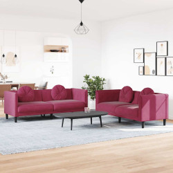2 Pcs conjunto de sofás com almofadas veludo vermelho-tinto