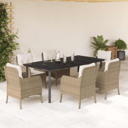 7 Pcs conjunto de jantar p/ jardim com almofadões vime PE bege