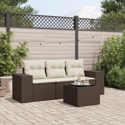 4 Pcs conjunto sofás de jardim c/ almofadões vime PE castanho