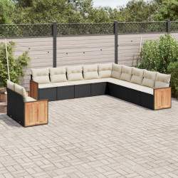 11 Pcs conjunto sofás de jardim c/ almofadões vime PE preto