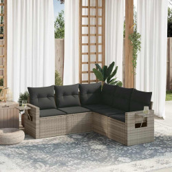 5 Pcs conj. sofás jardim c/ almofadões vime PE cinzento-claro