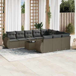 11 Pcs conjunto sofás de jardim c/ almofadões vime PE cinzento