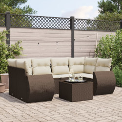 7 Pcs conjunto de sofás jardim c/ almofadões vime PE castanho