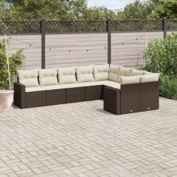 9 Pcs conjunto sofás p/ jardim c/ almofadões vime PE castanho