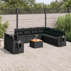 10 Pcs conjunto sofás de jardim c/ almofadões vime PE preto